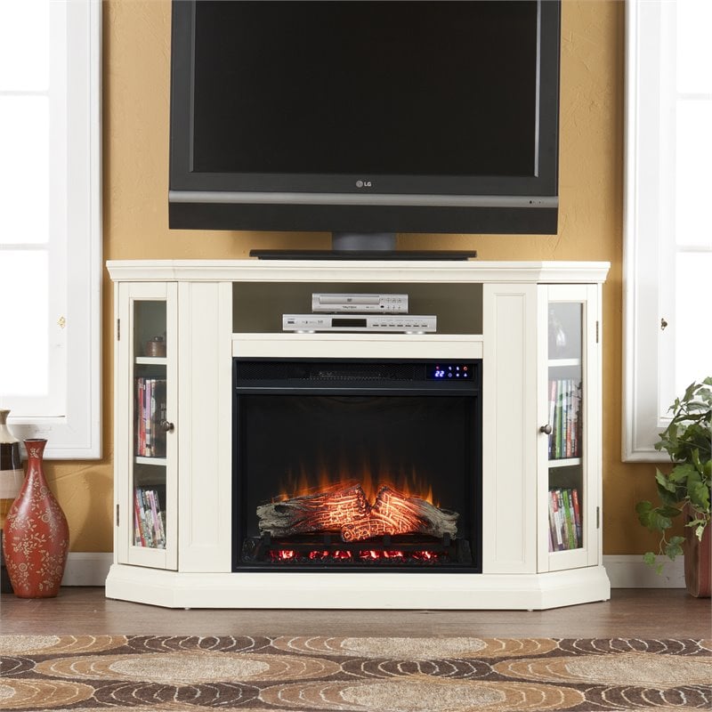 SEI Furniture Claremont Touch Screen Wood Electric Corner Fireplace in Ivory