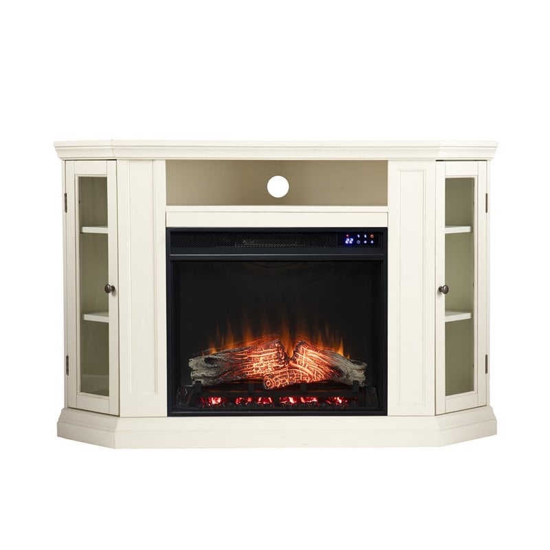 SEI Furniture Claremont Touch Screen Wood Electric Corner Fireplace in Ivory