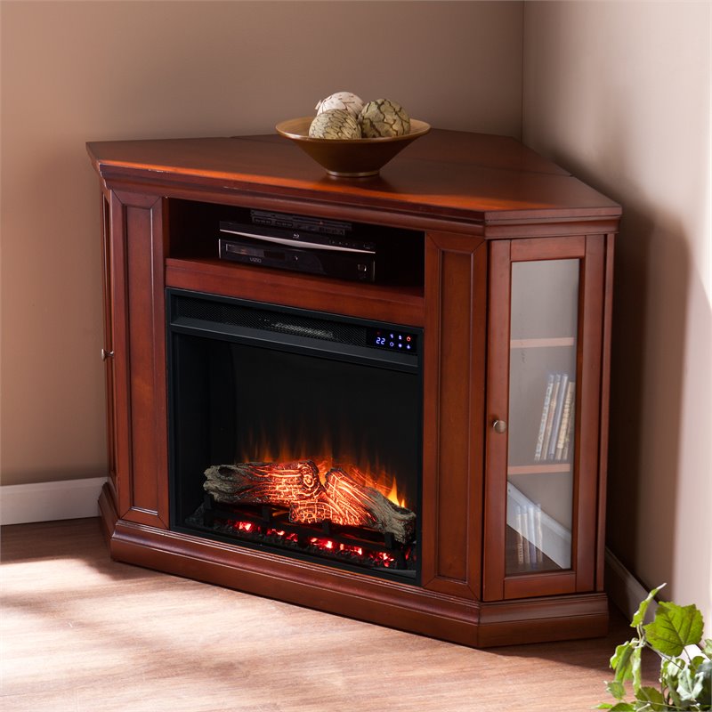 SEI Furniture Claremont Touch Screen Wood Electric Corner Fireplace in Mahogany