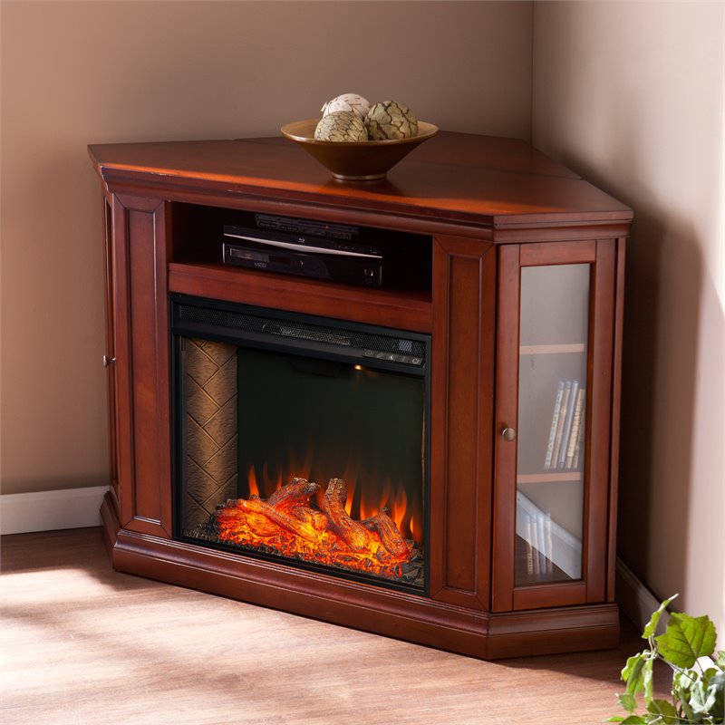 SEI Furniture Claremont Touch Screen Wood Electric Corner Fireplace in Mahogany