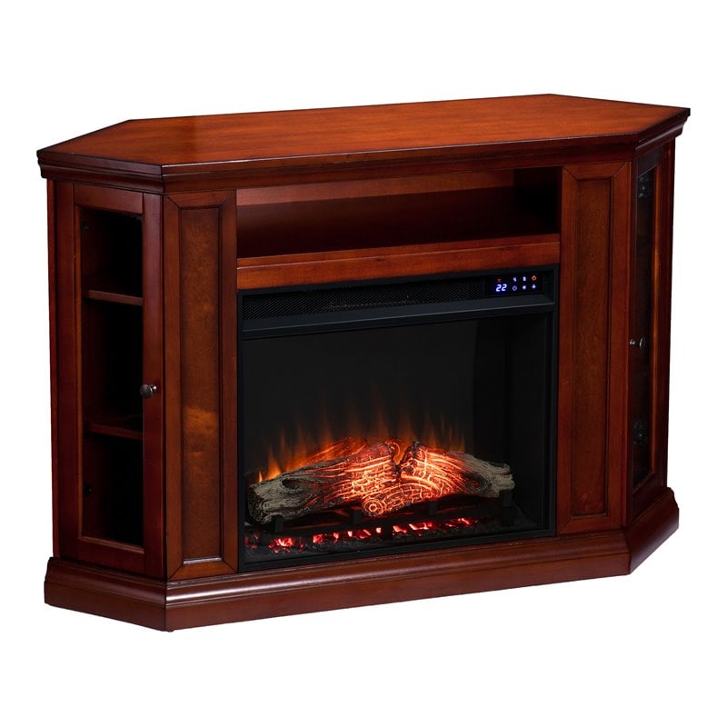 SEI Furniture Claremont Touch Screen Wood Electric Corner Fireplace in Mahogany