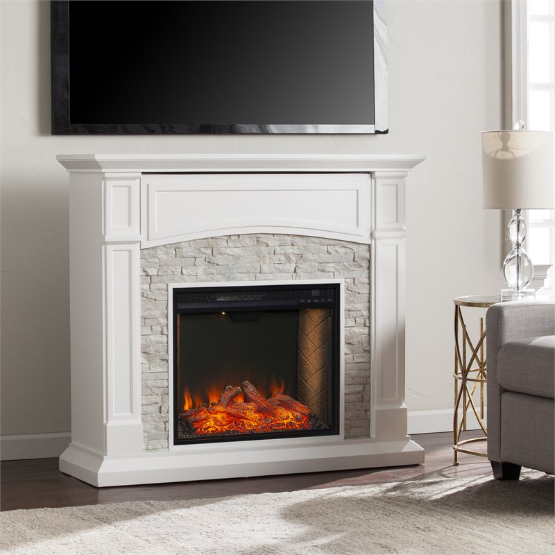 SEI Furniture Seneca Wood Smart Media Faux Stone Fireplace in Rustic Crisp White
