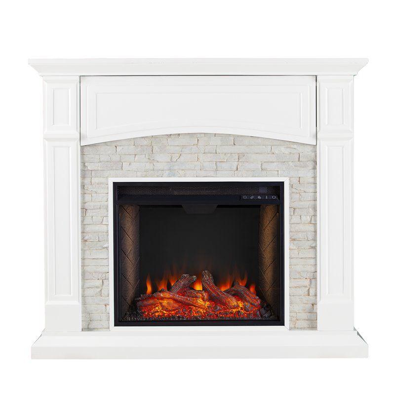 SEI Furniture Seneca Wood Smart Media Faux Stone Fireplace in Rustic Crisp White