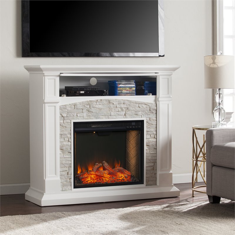 SEI Furniture Seneca Wood Smart Media Faux Stone Fireplace in Rustic Crisp White