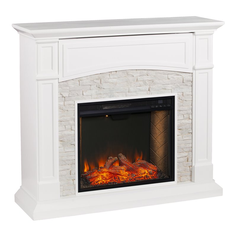 SEI Furniture Seneca Wood Smart Media Faux Stone Fireplace in Rustic Crisp White