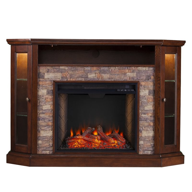 SEI Furniture Redden Storage Wood Corner Convertible Smart Fireplace in Espresso