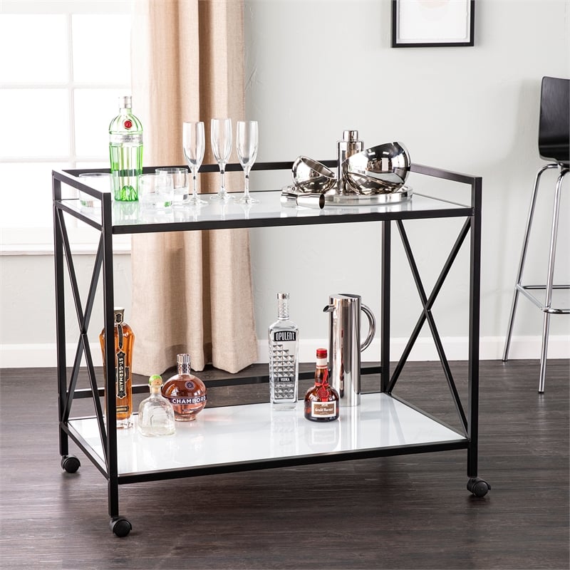 SEI Furniture Maxton Contemporary Glass and Iron Bar Cart in Black