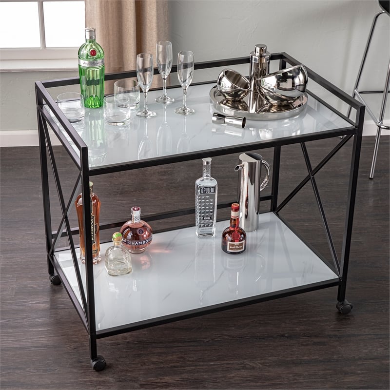 SEI Furniture Maxton Contemporary Glass and Iron Bar Cart in Black