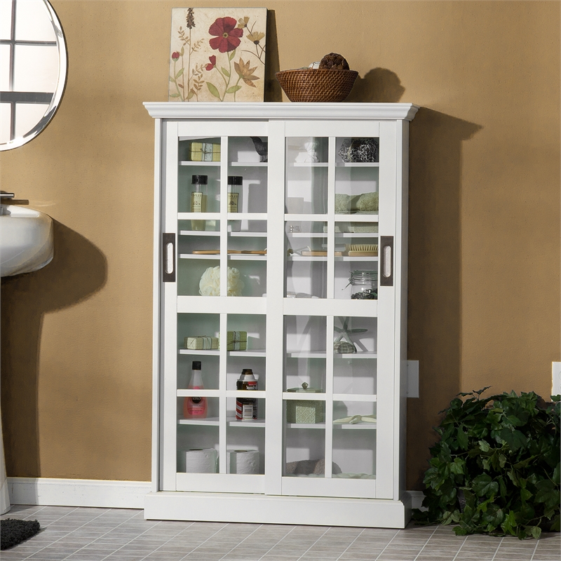 Southern Enterprises Sliding-Door Wood Glass Window-Pane Media Cabinet in White