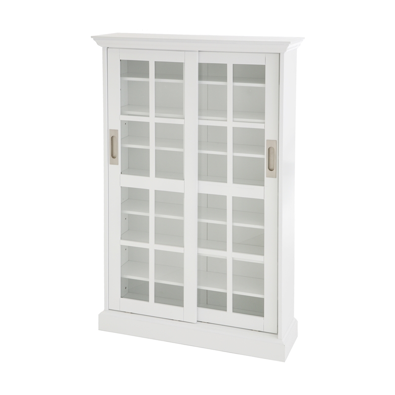 Southern Enterprises Sliding-Door Wood Glass Window-Pane Media Cabinet in White
