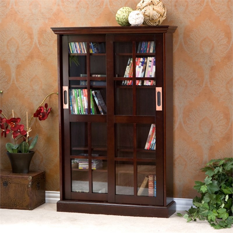 Southern Enterprises Sliding-Door Wood Glass Window-Pane Media Cabinet in Brown