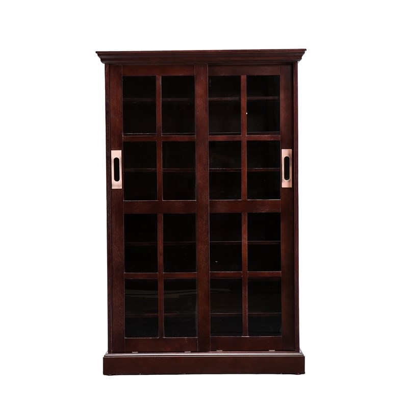 Southern Enterprises Sliding-Door Wood Glass Window-Pane Media Cabinet in Brown