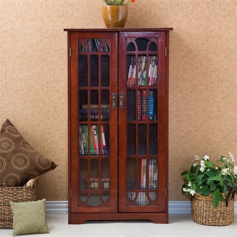 Southern Enterprises Window-Pane Wood Double-Door Media Cabinet in Brown