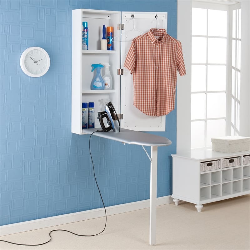 Southern Enterprises Rowden Mirror Wood Wall-Mount Ironing Center in Off White