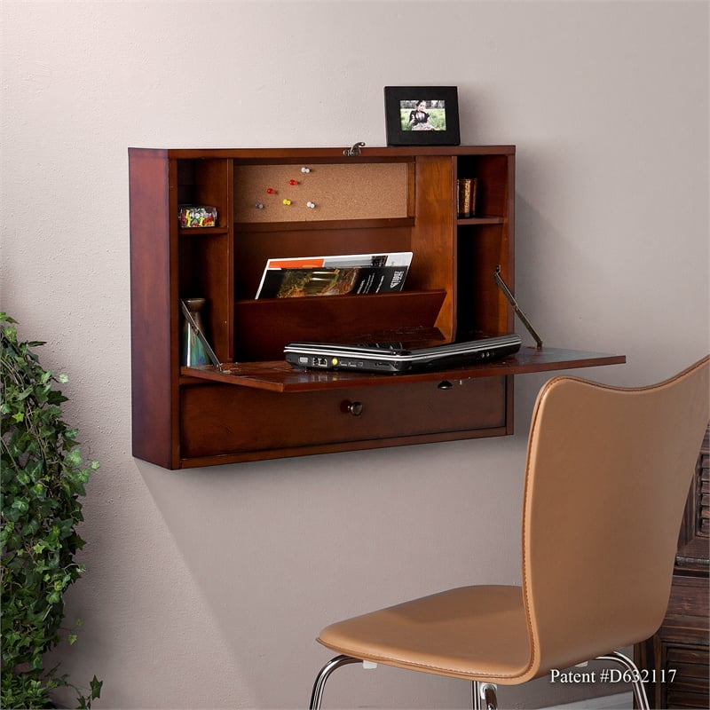 Southern Enterprises Benwick Wood Metal Wall Mount Laptop Desk in Brown Mahogany