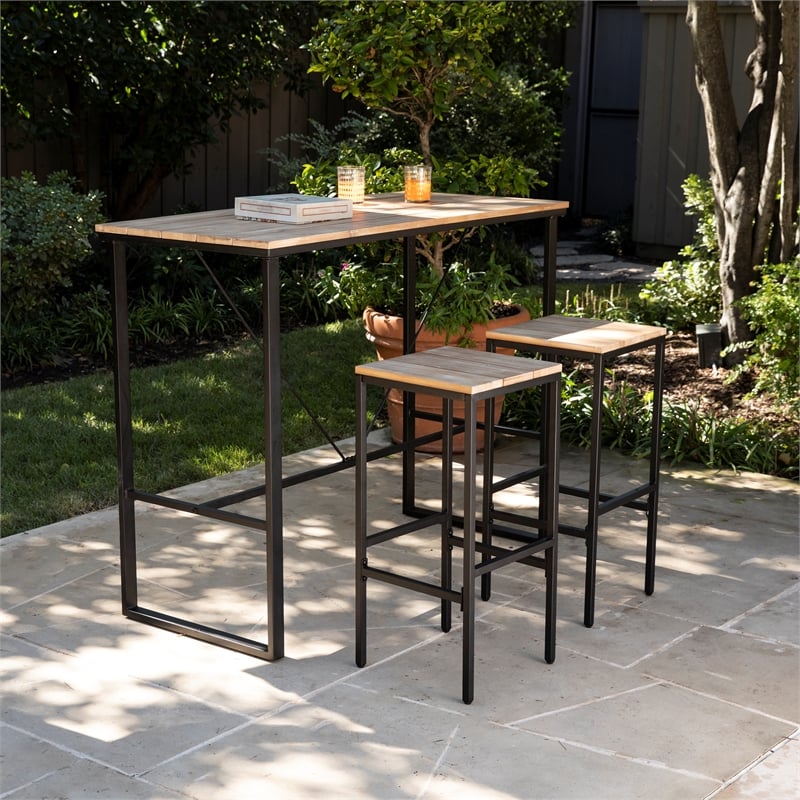 Southern Enterprises Venallo 3-Piece Wood and Iron Outdoor Bar Set in Natural
