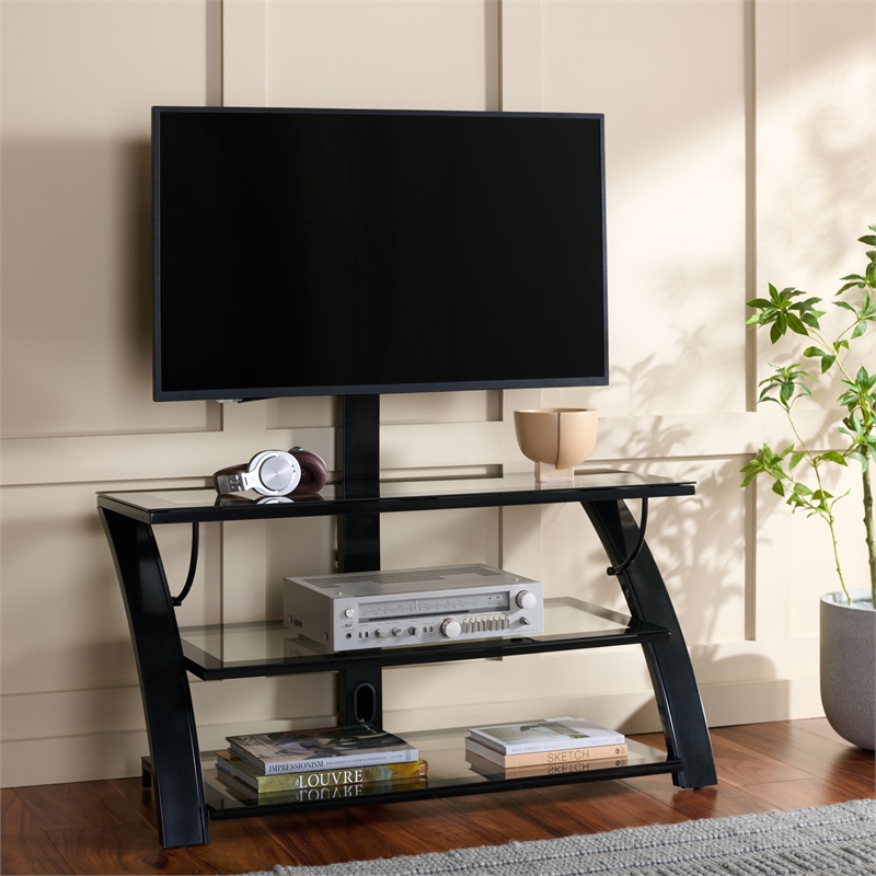Southern Enterprises Aiden Iron and Glass 3 In 1 Panel TV Stand in Black