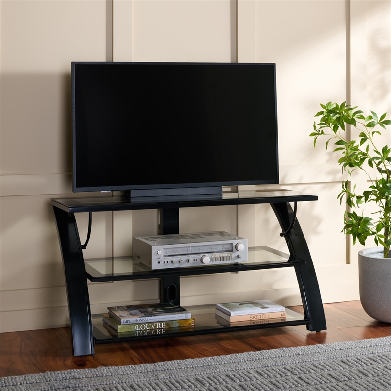 Southern Enterprises Aiden Iron and Glass 3 In 1 Panel TV Stand in Black