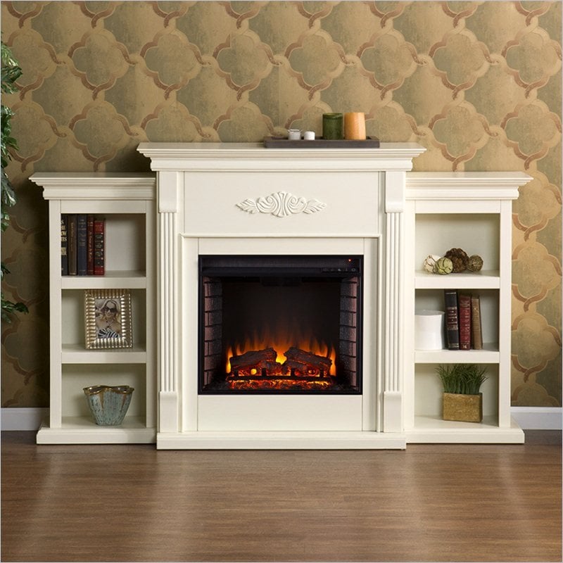 SEI Furniture Fredricksburg Wood Electric Fireplace with Bookcases in Ivory