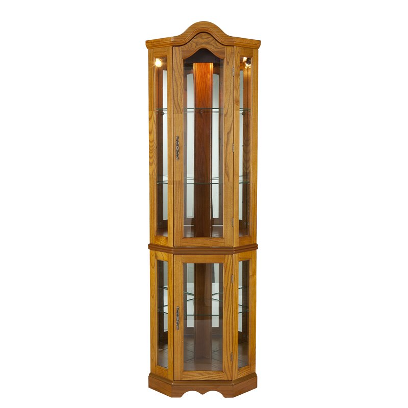 SEI Furniture Riley Lighted Corner Curio Cabinet in Golden Oak