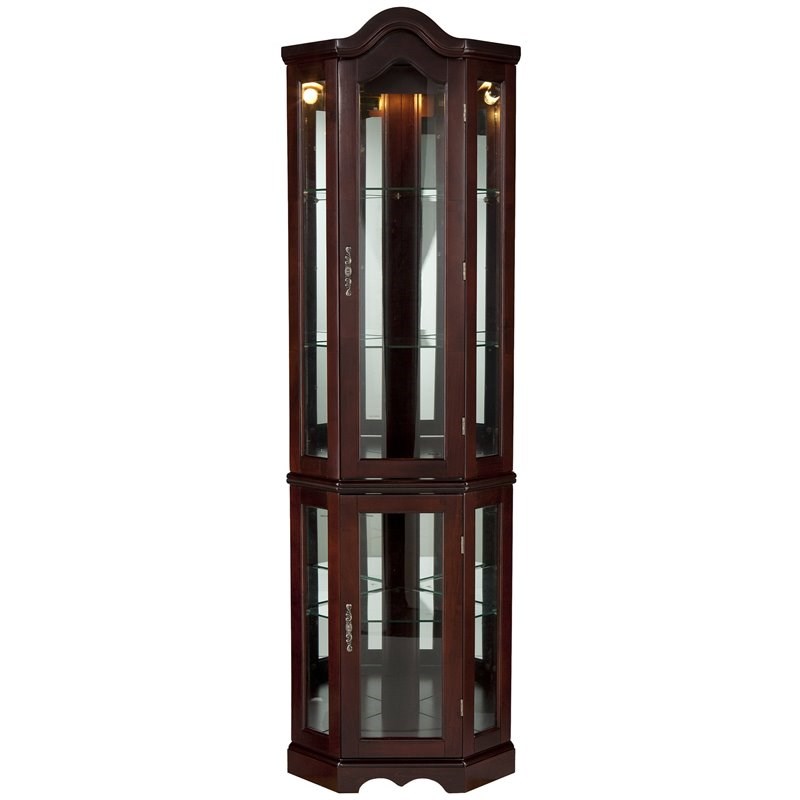 SEI Furniture Mahogany Lighted Corner Curio Cabinet