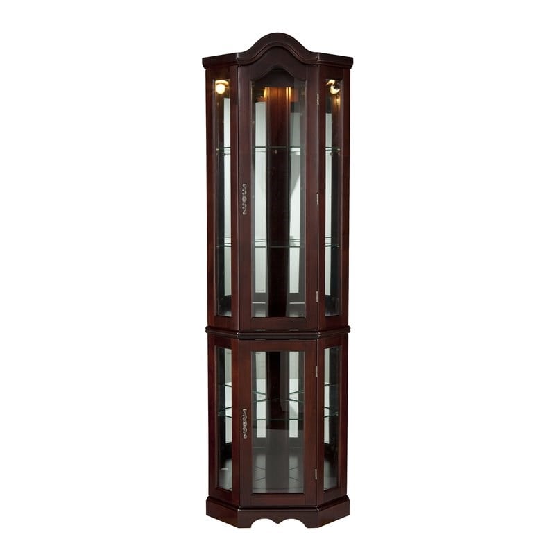SEI Furniture Mahogany Lighted Corner Curio Cabinet