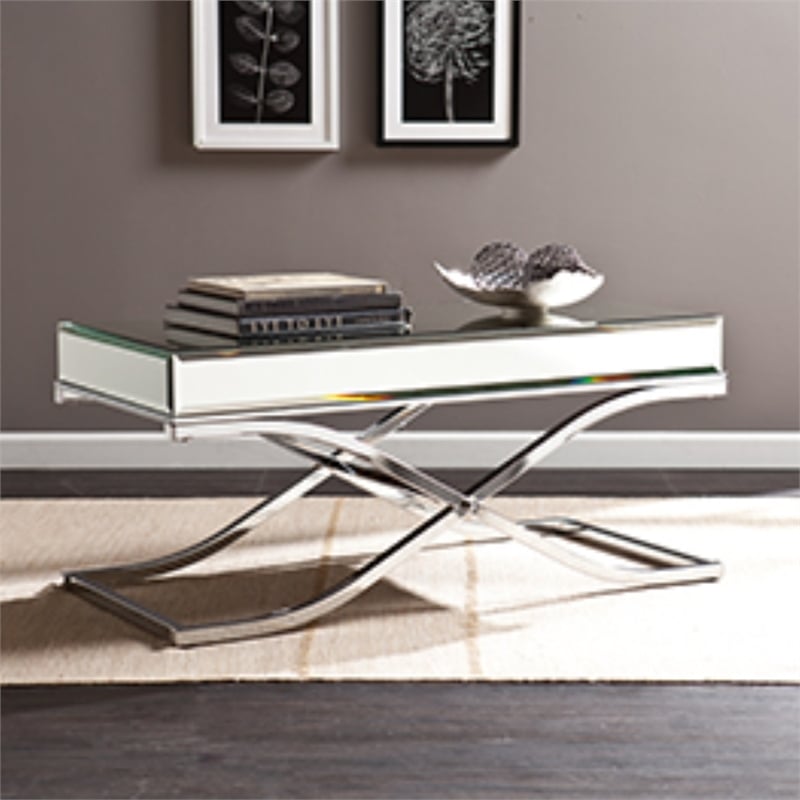 Southern Enterprises Ava Mirrored Metal Coffee Table in Silver