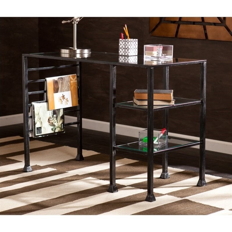 Southern Enterprises Glass Writing Desk In Distressed Black Ho8776