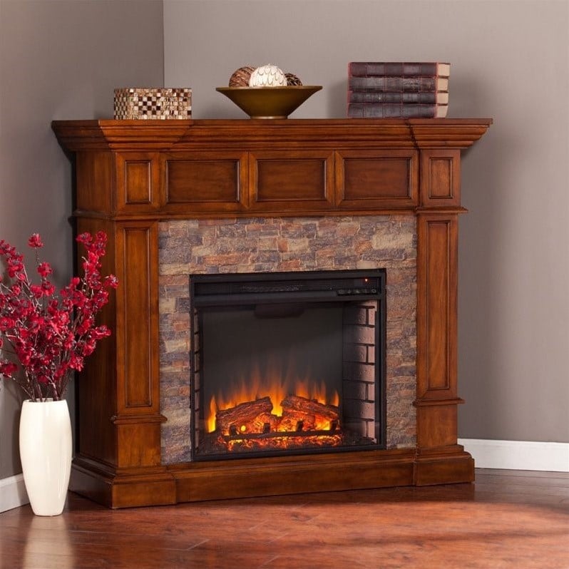 Southern Enterprises Merrimack Faux Stone Electric Fireplace in Oak - FE9637