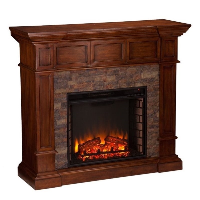 Southern Enterprises Merrimack Faux Stone Electric Fireplace in Oak  FE9637