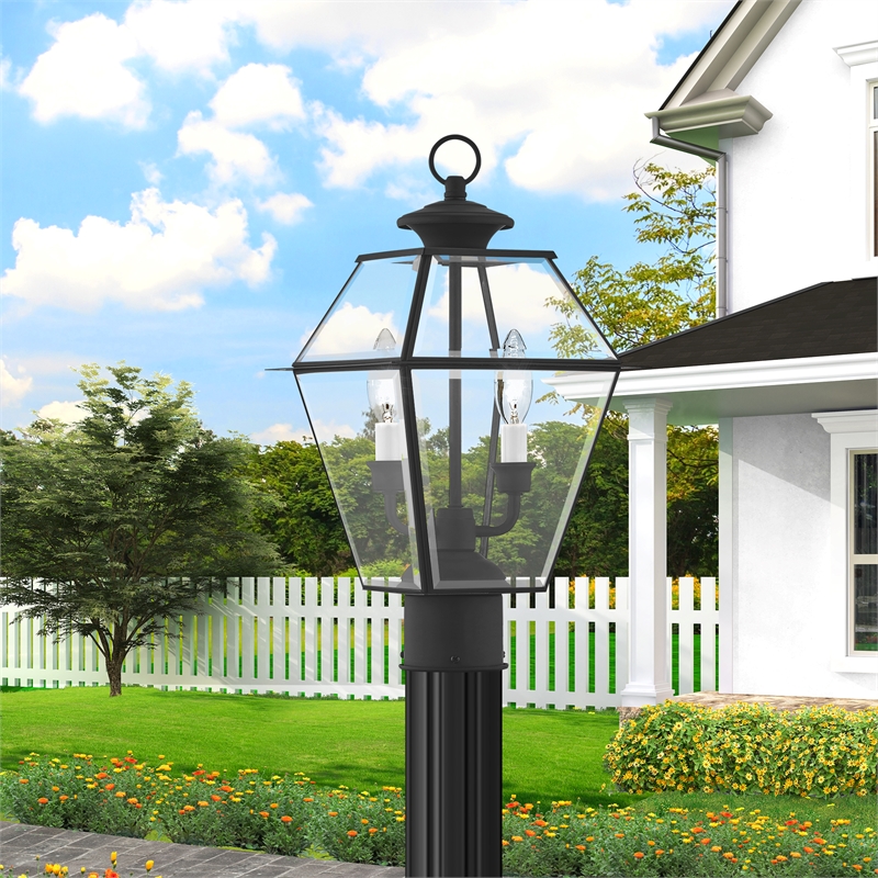 Livex Lighting Westover 2-Light Brass & Glass Outdoor Post Top Lantern in Black