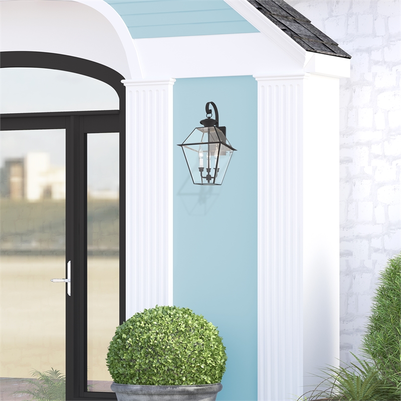 Livex Lighting Westover 3-Light Brass & Glass Outdoor Wall Lantern in Black