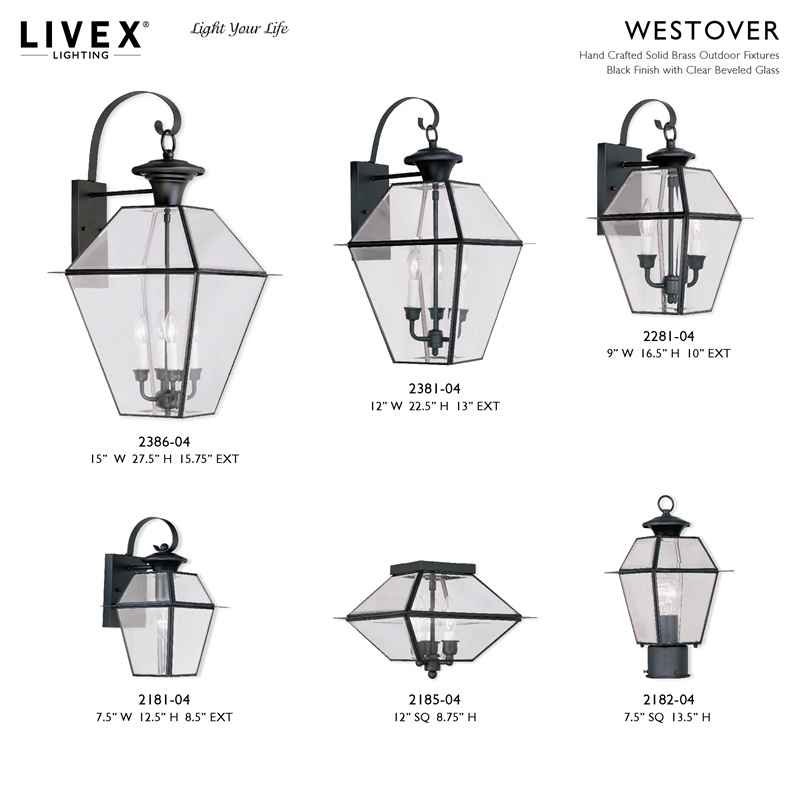 Livex Lighting Westover 3-Light Brass & Glass Outdoor Wall Lantern in Black