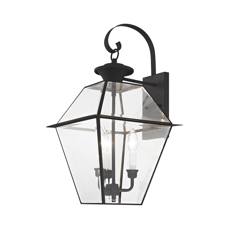 Livex Lighting Westover 3-Light Brass & Glass Outdoor Wall Lantern in Black