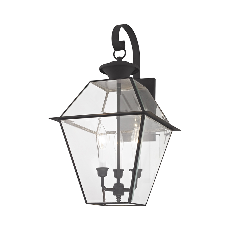 Livex Lighting Westover 3-Light Brass & Glass Outdoor Wall Lantern in Black