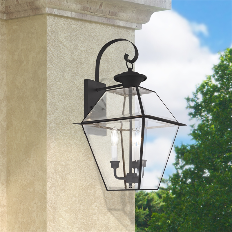 Livex Lighting Westover 3-Light Brass & Glass Outdoor Wall Lantern in Black