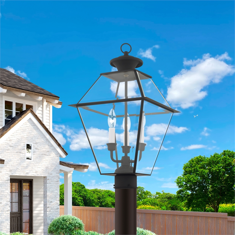 Livex Lighting Westover 3-Light Brass & Glass Outdoor Post Top Lantern in Black