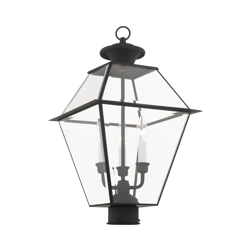 Livex Lighting Westover 3-Light Brass & Glass Outdoor Post Top Lantern in Black