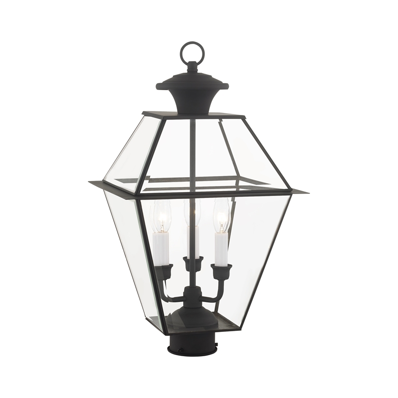 Livex Lighting Westover 3-Light Brass & Glass Outdoor Post Top Lantern in Black