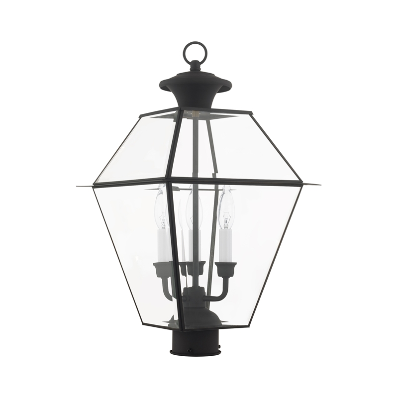 Livex Lighting Westover 3-Light Brass & Glass Outdoor Post Top Lantern in Black