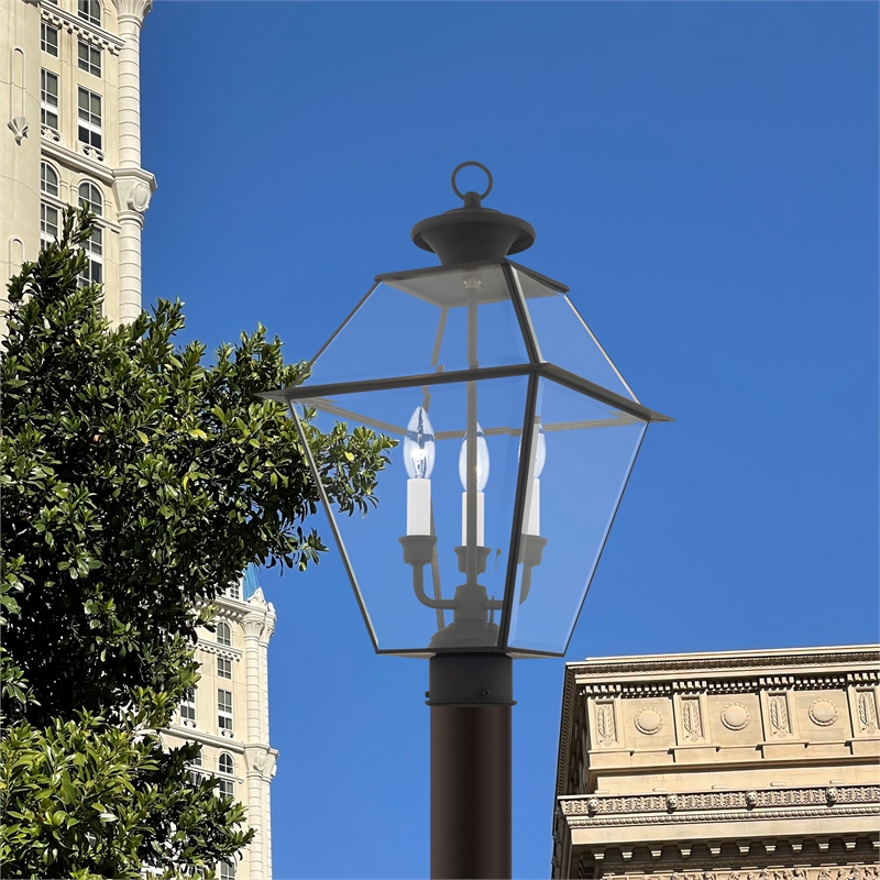 Livex Lighting Westover 3-Light Brass & Glass Outdoor Post Top Lantern in Black