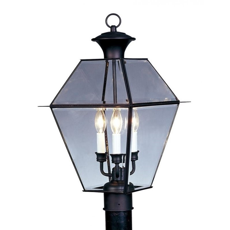 Livex Lighting Westover 3-Light Brass & Glass Outdoor Post Top Lantern in Black