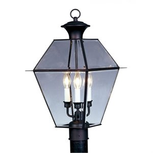 Livex Lighting Westover 3-Light Brass & Glass Outdoor Post Top Lantern in Black
