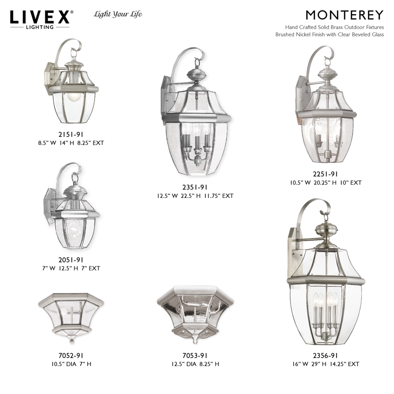 Livex Lighting Monterey 1-Light 100W Brass Outdoor Wall Lantern in Nickel