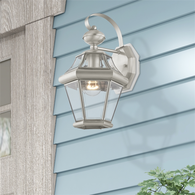 Livex Lighting Georgetown 1-Light Brass Outdoor Wall Lantern in Brushed Nickel