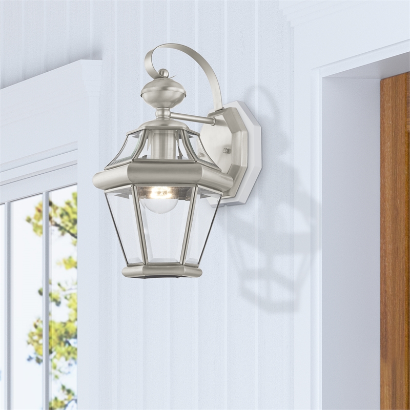 Livex Lighting Georgetown 1-Light Brass Outdoor Wall Lantern in Brushed Nickel