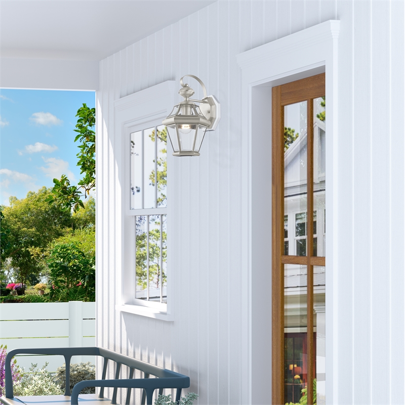 Livex Lighting Georgetown 1-Light Brass Outdoor Wall Lantern in Brushed Nickel