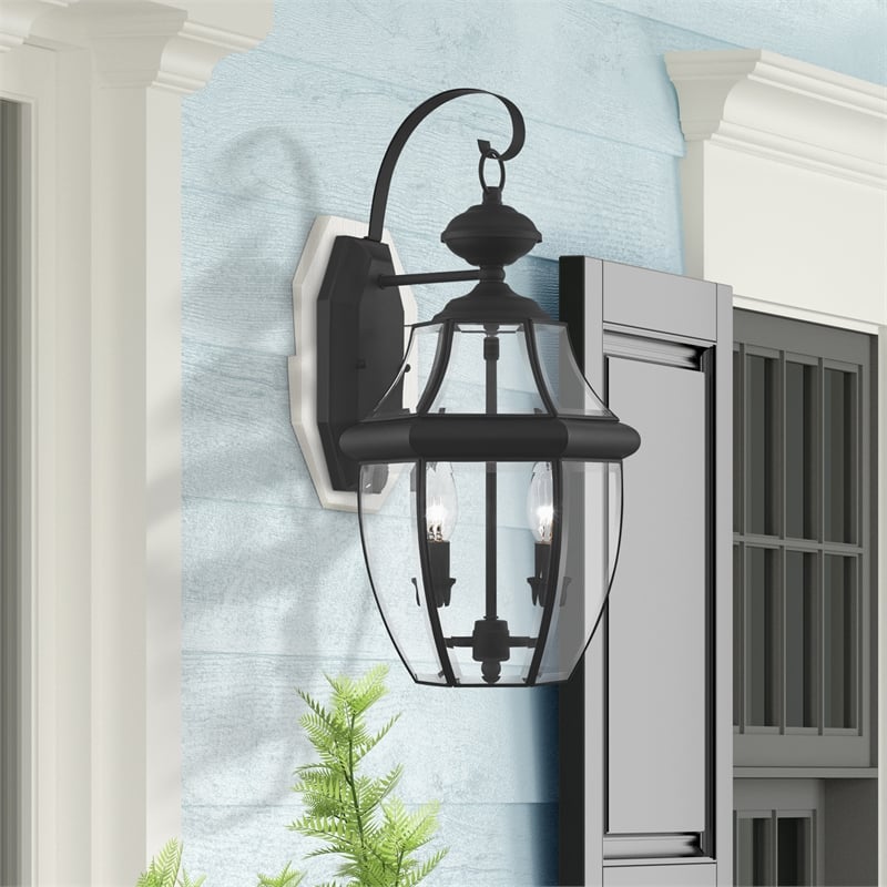 Livex Lighting Monterey 2-Light Brass Outdoor Wall Lantern in Black