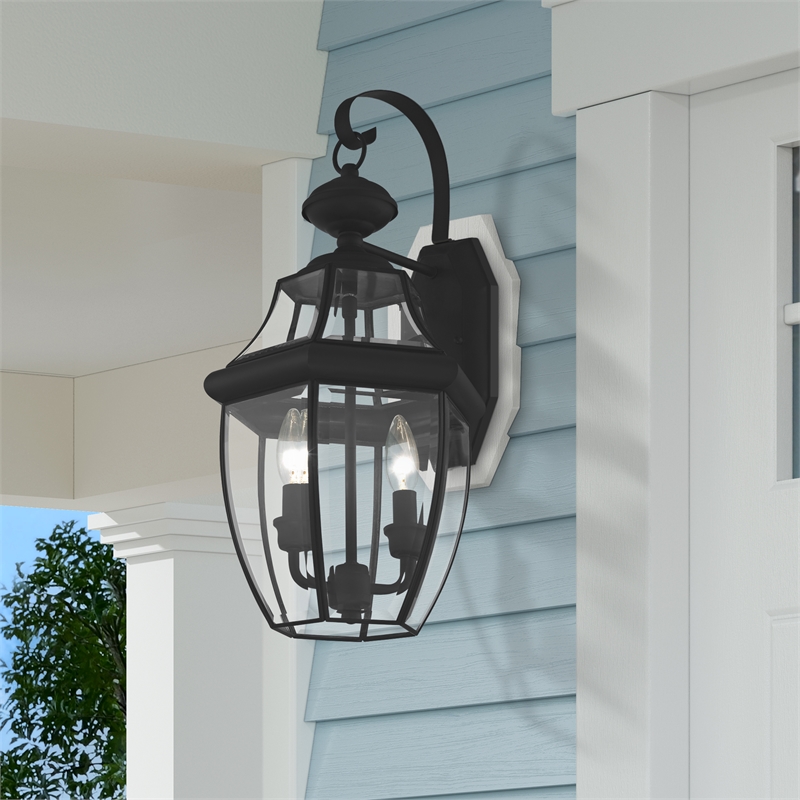 Livex Lighting Monterey 2-Light Brass Outdoor Wall Lantern in Black