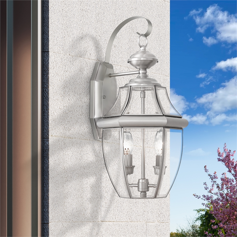 Livex Lighting Monterey 2-Light Brass Outdoor Wall Lantern in Brushed Nickel